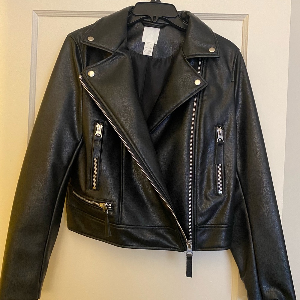 H&M Black Faux Leather Jacket with Silver Details